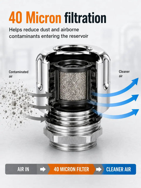 40 micron filtration detail of Vourtm 3/4 Npt Hydraulic Breather Cap with chrome alloy and filter for cleaner air.