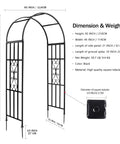 Durable Curved Metal Garden Arbor Trellis for Outdoor Use showing dimensions and weight details, iron plant support.