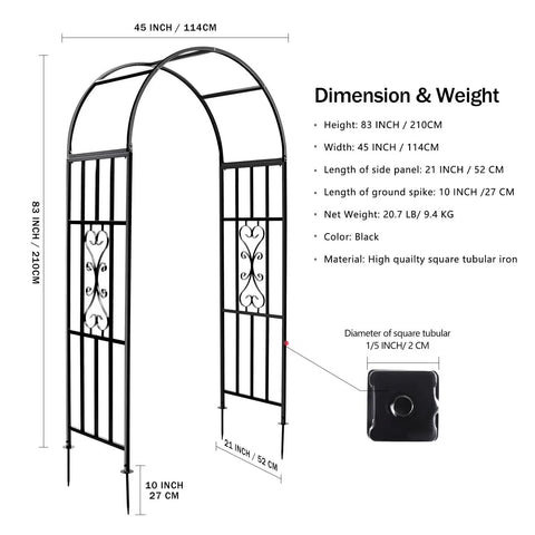 Durable Curved Metal Garden Arbor Trellis for Outdoor Use showing dimensions and weight details, iron plant support.