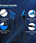 Heavy Duty Electric Drum Pump Transfers Diesel DEF And Light Oils Smooth As Butter Right Out Of 55 Gallon Drums Runs Clean On 120V AC Or 12V DC Drops A Solid 5 GPM Flow Rate Every Time showing stainless steel nozzle and flexible hose.