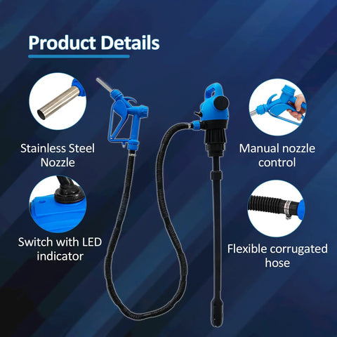 Heavy Duty Electric Drum Pump Transfers Diesel DEF And Light Oils Smooth As Butter Right Out Of 55 Gallon Drums Runs Clean On 120V AC Or 12V DC Drops A Solid 5 GPM Flow Rate Every Time showing stainless steel nozzle and flexible hose.