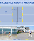 Diagram and photos displaying pickleball court markers for indoor and outdoor use, part of All In One Pickleball Net Set On Wheels.