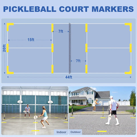 Diagram and photos displaying pickleball court markers for indoor and outdoor use, part of All In One Pickleball Net Set On Wheels.
