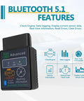 Compact Bluetooth OBD2 Scanner Diagnostic Tool for Your Ride, showing features and buttons for engine diagnostics.