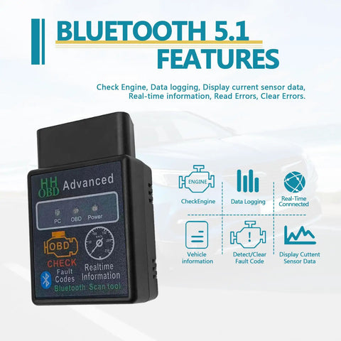 Compact Bluetooth OBD2 Scanner Diagnostic Tool for Your Ride, showing features and buttons for engine diagnostics.