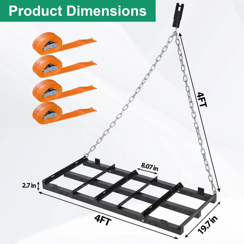 Beefy Heavy Duty 4 Ft Driveway Grader Power Rake With 4 Ft Chain dimensions and included orange straps shown