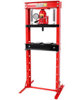 Heavy Duty 20 Ton Hydraulic Shop Press With Easy Read Pressure Dial For Grease Monkey Auto Garage, red steel frame, 59 inches tall.