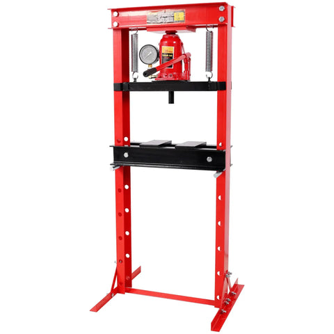 Heavy Duty 20 Ton Hydraulic Shop Press With Easy Read Pressure Dial For Grease Monkey Auto Garage, red steel frame, 59 inches tall.
