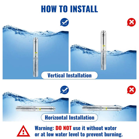 Installation guide for Deep Well Submersible Pump 1HP 115V 37 GPM 207 Ft Head 4 Inch Stainless Steel Water Pump, vertical and horizontal setups