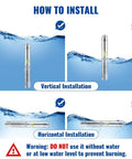 Deep Well Submersible Pump 3HP 230V Heavy Duty 4-Inch Stainless Steel 37 GPM Flow 640 Ft Head Includes 33 Ft Cord IP68 Waterproof Grade For Industrial Irrigation And Home Use installation guide showing vertical and horizontal positions.
