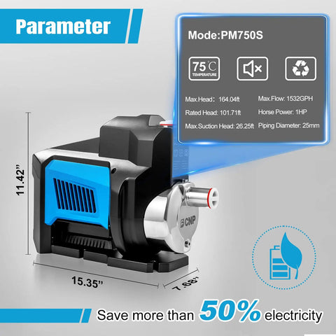 Powerful 750W Whole House Water Pressure Booster Pump with smart variable speed, self priming, 80 PSI, 164 ft head, model PM750S.