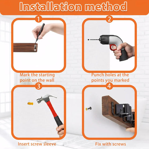 Installation steps for Rustic Wood Wall Mount Broom Mop Holder Organizer With 3 Racks And 4 Hooks Garden Tool Hanger