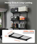 Sturdy 3 Tier Wall Garage Shelving Unit For Heavy Duty Storage, 1x3 Ft Steel Wall Mounted Shelves With 11x36 Inch Per Shelf And 450 Lbs Total Capacity, Black Durable Floating Metal Rack For Tools Bins And Garage Organization, loaded with storage bins