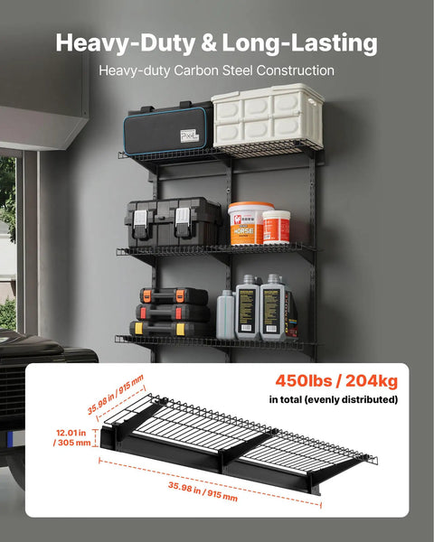 Sturdy 3 Tier Wall Garage Shelving Unit For Heavy Duty Storage, 1x3 Ft Steel Wall Mounted Shelves With 11x36 Inch Per Shelf And 450 Lbs Total Capacity, Black Durable Floating Metal Rack For Tools Bins And Garage Organization, loaded with storage bins