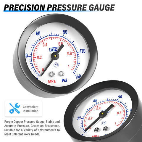 Close-up view of a precision pressure gauge, part of the Air Filter Pressure Regulator Kit With Lubricator Cup For One Quarter Inch NPT Systems.