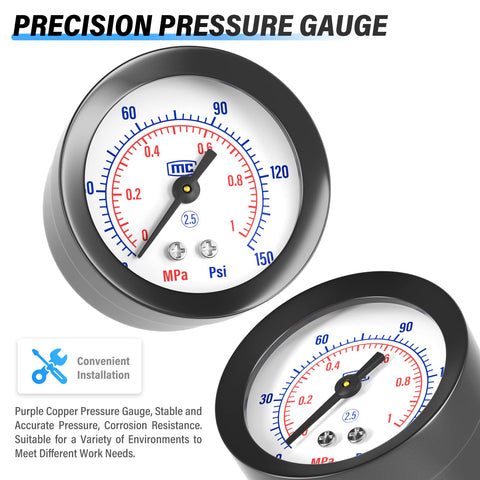 Close-up of pressure gauge from One Quarter Inch NPT Air Filter Regulator Kit With Gauge For Compressors 0 To 145 PSI.