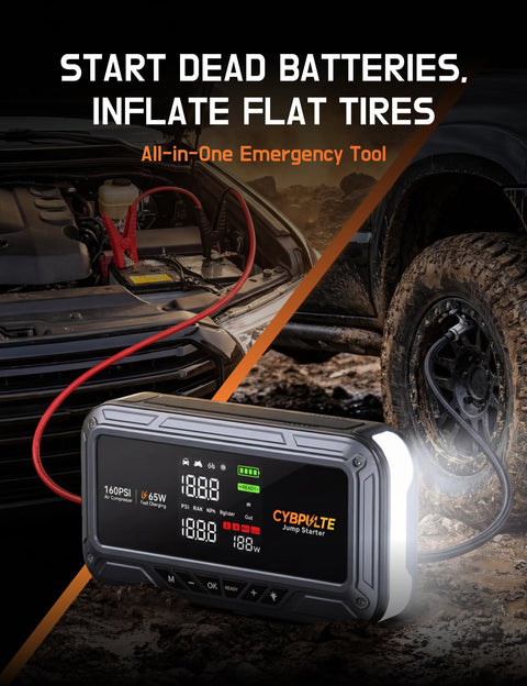 Roadside Lifesaver All In One Jump Starter With Air Compressor, displaying 160 PSI and charging car battery