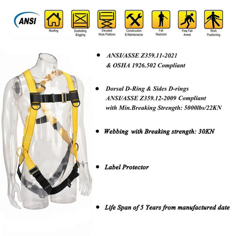 3D Ring Industrial Fall Protection Safety Harness displayed on mannequin with ANSI safety certifications, yellow straps