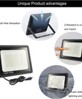 Four Pack 150W LED Flood Lights Outdoor With US Plug 15500LM showcasing heat dissipation, impact resistance, waterproof features.