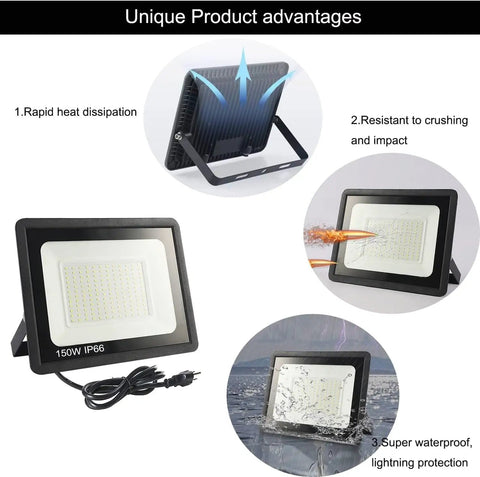 Four Pack 150W LED Flood Lights Outdoor With US Plug 15500LM showcasing heat dissipation, impact resistance, waterproof features.
