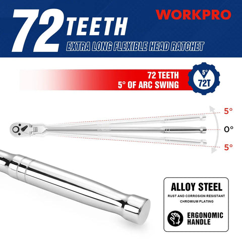 Image of Extra Long Three Eighths Inch Drive Flex Head Ratchet With Eighteen Inch Reach Quick Release CR V Steel Handle CR MO Head Reversible 72 Tooth Go To Tool For Tight Spaces And Hard To Reach Areas showing 72 tooth mechanism and ergonomic handle.