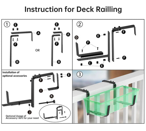 Instruction manual for assembly of Six Pack Deck Railing Adjustable Planter Box Brackets for fences, patio, and garden.