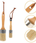 Two Piece Wood Handle Paint Brush Set For Walls And Decks Use With Stain Chalk Paint And Wood Surfaces Oval Synthetic Bristles Durable Smooth Finish For DIY Projects showing close-up of handles and bristles
