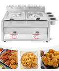 Heavy Duty Commercial Double Tank Countertop Gas Deep Fryer, Top Shelf Stainless Steel Propane Frying Machine with two baskets.