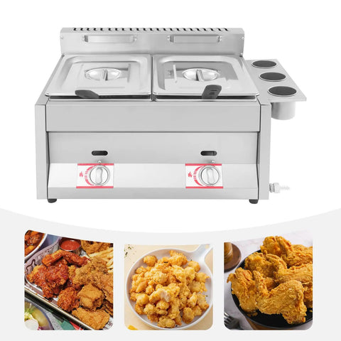 Heavy Duty Commercial Double Tank Countertop Gas Deep Fryer, Top Shelf Stainless Steel Propane Frying Machine with two baskets.