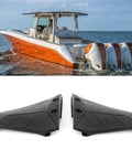 Outboard Hydrofoil Stabilizer For 4 To 50 HP Boats With Anti UV Coating, pair of black hydrofoils displayed with boat