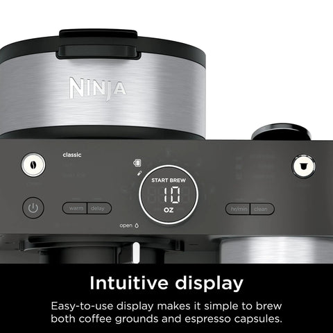 Close-up view of Espresso And Coffee Maker Barista System With Built In Frother Three Espresso Brew Styles Nespresso Capsule Compatible 19 Bar Pressure showing intuitive digital display.