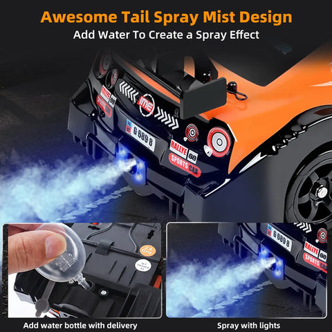 4WD RC Drift Car 1:16 Scale With 2.4GHz Remote, High Speed Up To 18 KMH, LED Headlights, Dual Batteries shown with mist spray effect