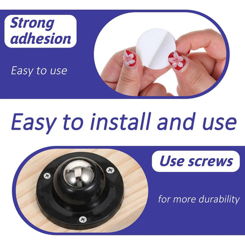 Premium Self Adhesive Caster Wheels For Furniture Legs Featuring A Rock Solid 360 Degree Low Profile Swivel Design Made From Heavy Duty Abs And Brushed Stainless Steel In Matte Black close-up of installation showing adhesive backing and swivel base.