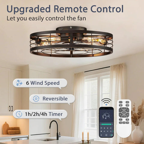 Premium Caged Ceiling Fan And Light With Remote Flush Mount Farmhouse Style Bladeless Design For Kitchen Bedroom Total Game Changer Industrial Black Decor with remote control and clear bulbs.