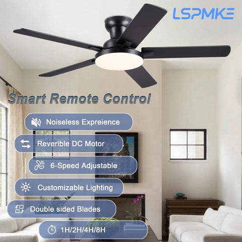 Modern 52 Inch Low Profile Ceiling Fan With Nifty Smart App And Wireless Remote Boasting Reversible Five Blades in a cozy living room.