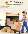LTL Delivery detail with driver using dolly to move boxes from truck, emphasizing appointment and signature requirement.