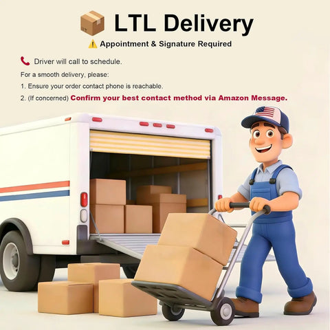 LTL Delivery detail with driver using dolly to move boxes from truck, emphasizing appointment and signature requirement.