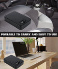 Portable Pistol Safe With Combination Lock For Nightstand Travel Home Car Truck on car seat and desk, compact and sturdy.