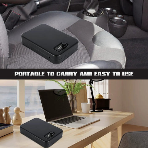 Portable Pistol Safe With Combination Lock For Nightstand Travel Home Car Truck on car seat and desk, compact and sturdy.