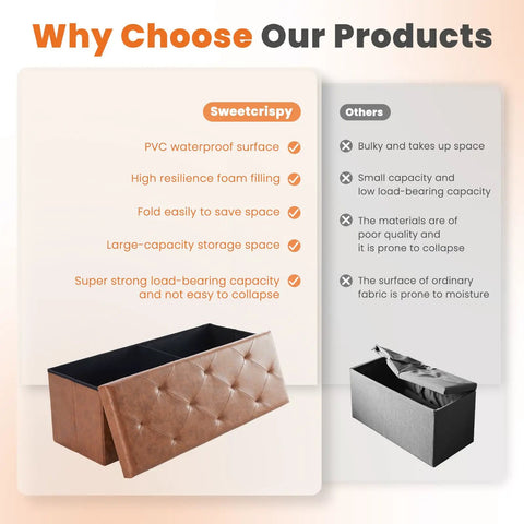43 Inch Folding Storage Ottoman With Bench And Foot Rest End Of Bed Organizer Brown Synthetic Leather Upholstered Stool Heavy Duty 660 Lb Weight Capacity Perfect Living Room Storage And Extra Seating comparison chart