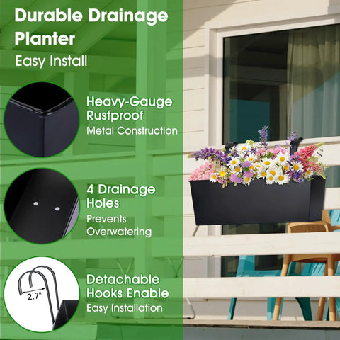 Big 16 Inch Railing Planter Box Three Pack With Detachable Wide Hooks For 2.7 Inch Rails Balcony Deck Patio Hanging Planters