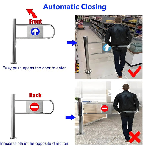 Hard As Nails Stainless Steel Automatic Closing Safety Gate Heavy Duty Industrial Barrier For Warehouses, showing front and back functionality.
