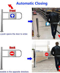 Built Tough Spring Loaded Safety Gate Made For Real World Grocery Stores And Warehouses With Smooth Automatic Closing, shown from front and back.