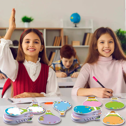 Children in classroom using Hot Air Balloon Sticky Notes Bulk Pack, 36 Packs In 9 Styles, 1080 Sheets Total as study aids.