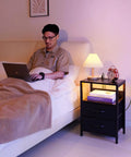 Nightstand With Charging Station And LED Light Fabric Drawers And Storage Shelf Bedside Table With USB Ports And Outlets near bed