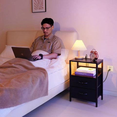 Nightstand With Charging Station And LED Light Fabric Drawers And Storage Shelf Bedside Table With USB Ports And Outlets near bed