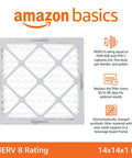 Front view of Amazon Basics MERV 8 Air Filter for 14 by 14 by 1 inch furnaces and AC units, showing electrostatic filtration details.
