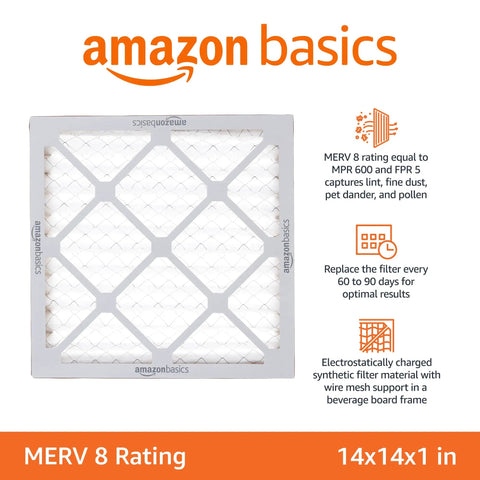Front view of Amazon Basics MERV 8 Air Filter for 14 by 14 by 1 inch furnaces and AC units, showing electrostatic filtration details.
