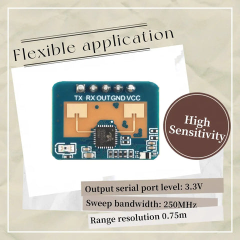 LD2410C 24GHz Millimeter Wave Radar Sensor Module for Non Contact Human Presence Detection, FMCW Signal Processing, High Sensitivity, Serial Port IO Level Output, ISM Band Compatible, Plug And Play Integration, PCB module with TX RX OUT GND VCC pins