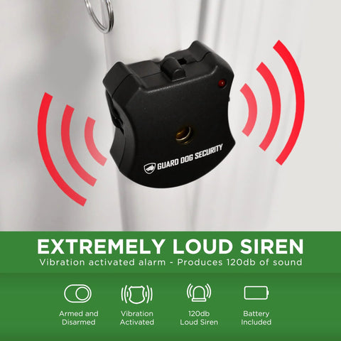 Vibration activated alarm with 120dB siren, armed and disarmed indication, battery included. Guard Dog Security branding.